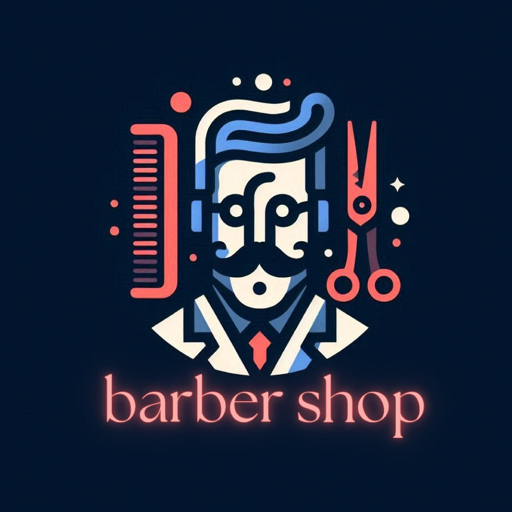 A man with a suit and tie in a barber logo