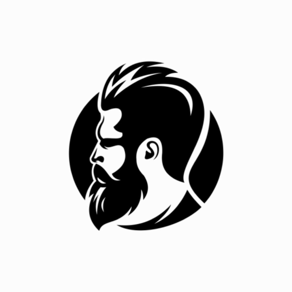 A subtle barber logo showcasing a bushy man in black