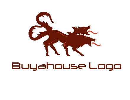 Orthrus logo with monster wolf or dog with two heads breathing fire