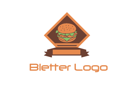 burger in rhombus with ribbon restaurant logo