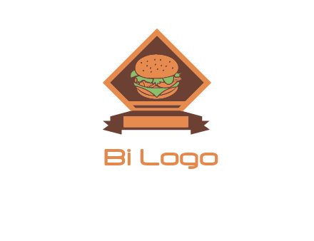 burger in rhombus with ribbon restaurant logo