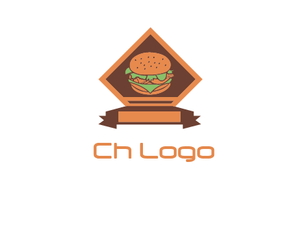 burger in rhombus with ribbon restaurant logo