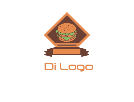 burger in rhombus with ribbon restaurant logo