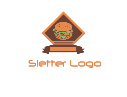 burger in rhombus with ribbon restaurant logo