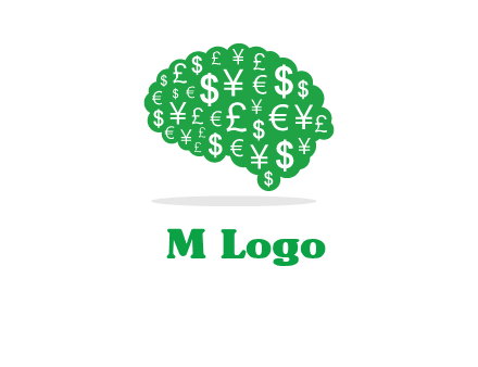 currency icons in brain shape logo