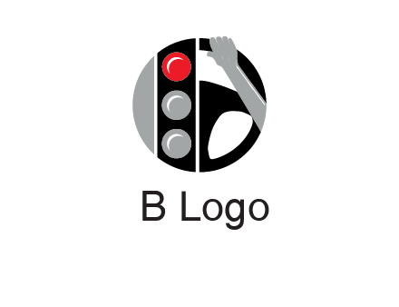 traffic light and steering wheel with hand in circle logo