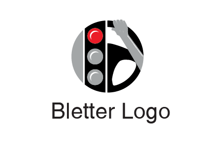 traffic light and steering wheel with hand in circle logo