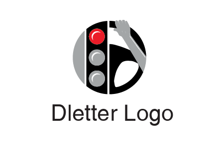 traffic light and steering wheel with hand in circle logo