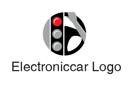 traffic light and steering wheel with hand in circle logo