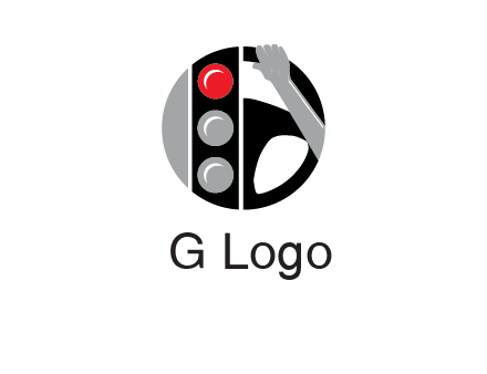 traffic light and steering wheel with hand in circle logo