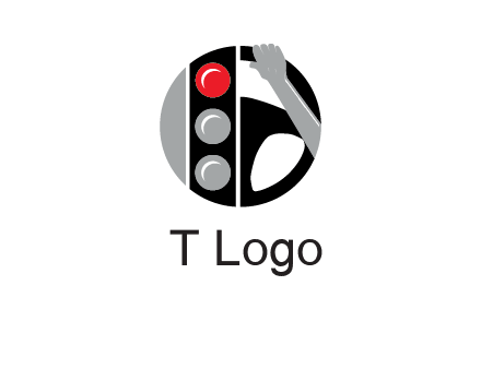 traffic light and steering wheel with hand in circle logo