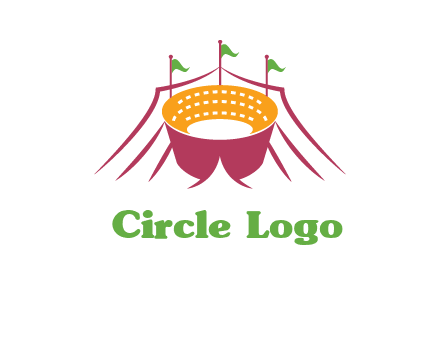 circus tent with flags around event logo