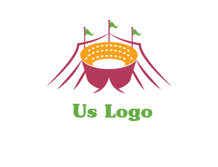 circus tent with flags around event logo