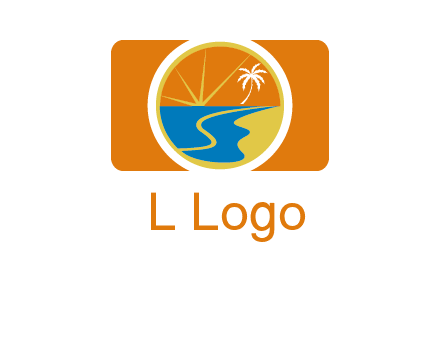 beach with palm tree and sun in camera photography logo