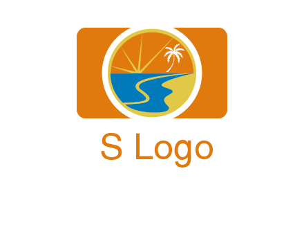 beach with palm tree and sun in camera photography logo