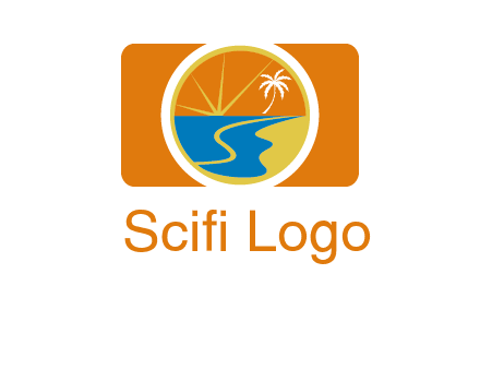 beach with palm tree and sun in camera photography logo