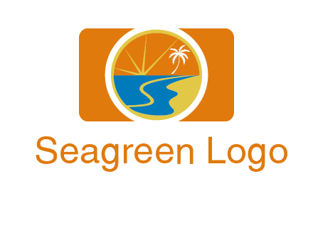 beach with palm tree and sun in camera photography logo