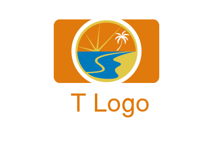 beach with palm tree and sun in camera photography logo