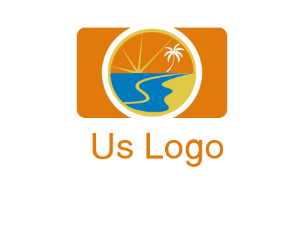 beach with palm tree and sun in camera photography logo