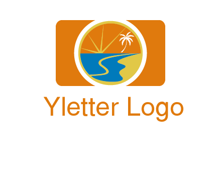 beach with palm tree and sun in camera photography logo