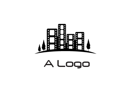 film reel buildings with trees logo