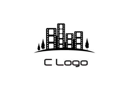 film reel buildings with trees logo