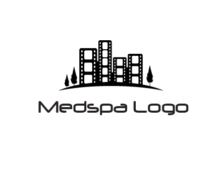 film reel buildings with trees logo