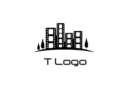 film reel buildings with trees logo