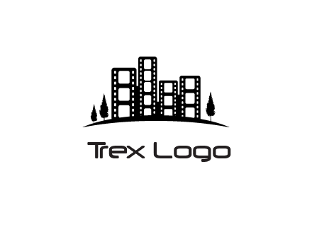 film reel buildings with trees logo