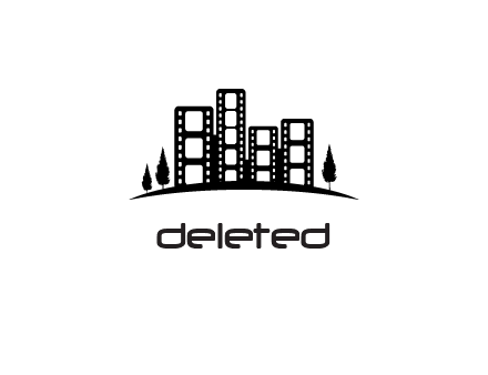 film reel buildings with trees logo