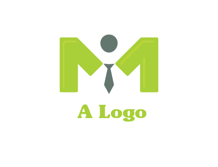 person with tie between letter M logo