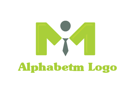 person with tie between letter M logo