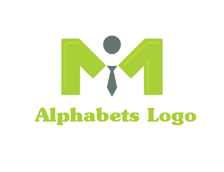 person with tie between letter M logo