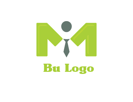 person with tie between letter M logo