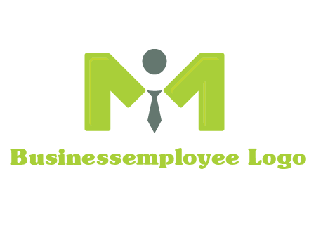 person with tie between letter M logo