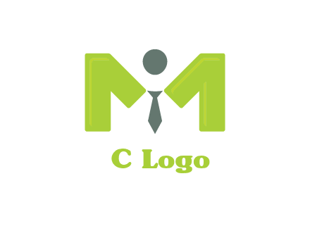 person with tie between letter M logo