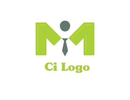 person with tie between letter M logo