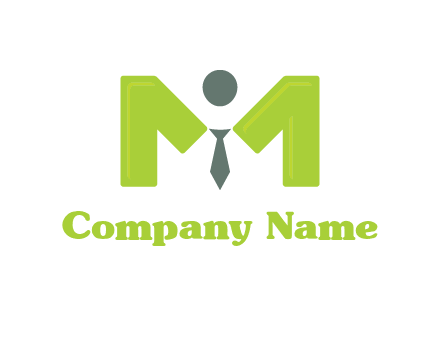 person with tie between letter M logo