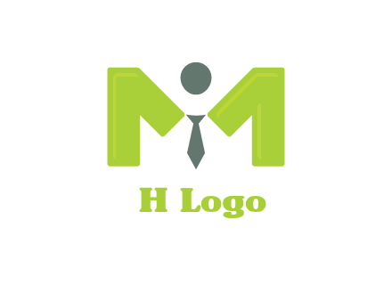 person with tie between letter M logo