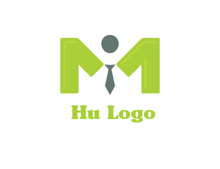 person with tie between letter M logo