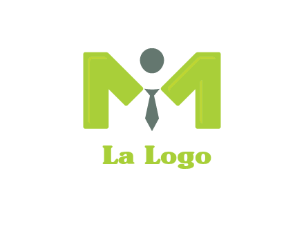 person with tie between letter M logo