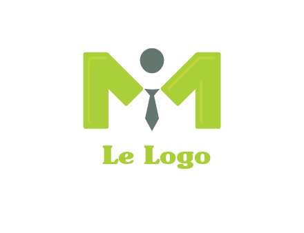 person with tie between letter M logo