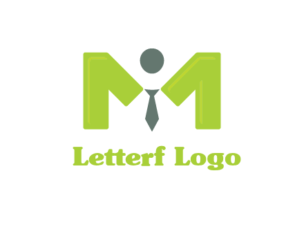 person with tie between letter M logo