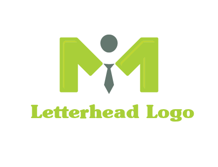 person with tie between letter M logo