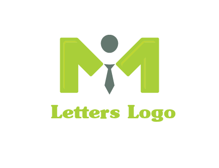 person with tie between letter M logo