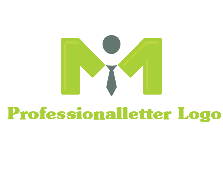 person with tie between letter M logo