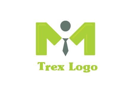 person with tie between letter M logo