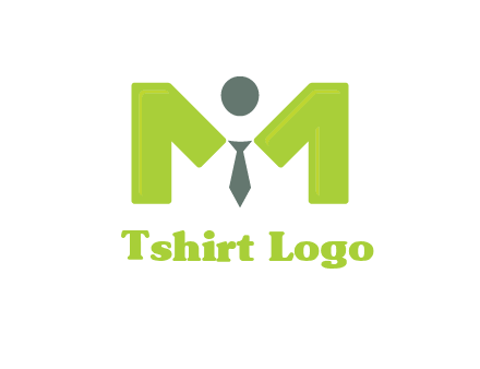 person with tie between letter M logo