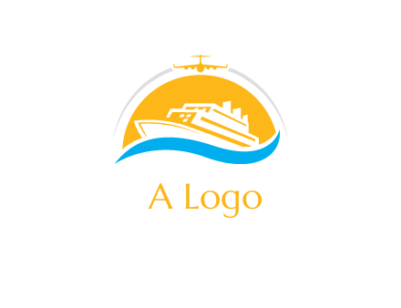 ship over the sun with water and airplane logo