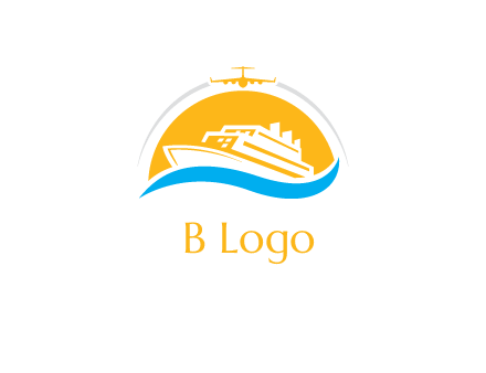 ship over the sun with water and airplane logo